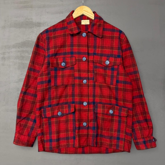 Vintage Handmade Plaid 4 Pocket Red Blue Wool Blend Utility Shacket Large